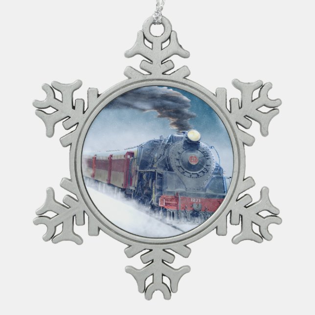 Midnight Christmas Train with Girl and Santa Snowflake Pewter Christmas Ornament (Front)