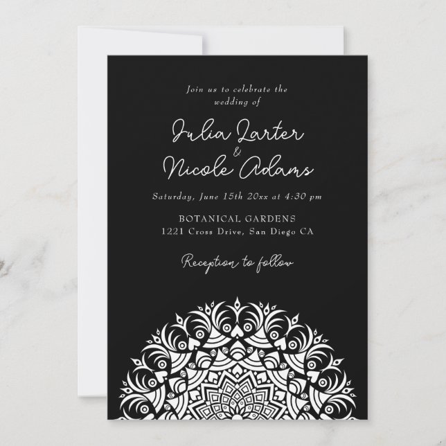 Midnight Classic Black Abstract Mandala Wedding Invitation (Front)