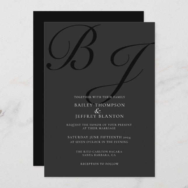 Midnight Classic Monogram Black Wedding Invitation (Front/Back)