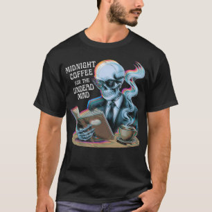 Midnight Coffee Undead Mind Skeleton Reading Book T-Shirt