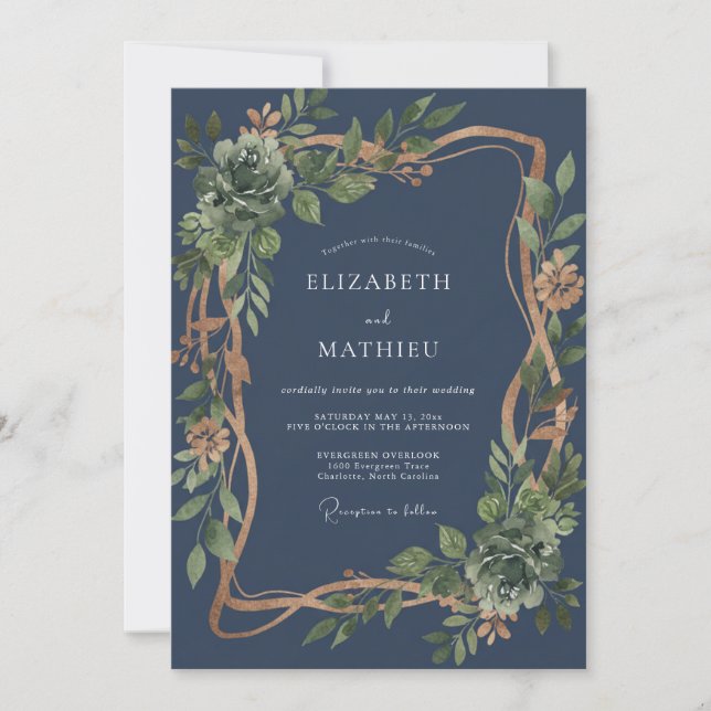 Midnight Copper Succulent Eucalyptus Wedding Invitation (Front)