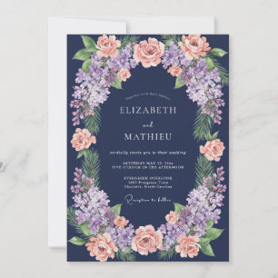 Midnight Coral Lilac Eucalyptus Wedding Invitation
