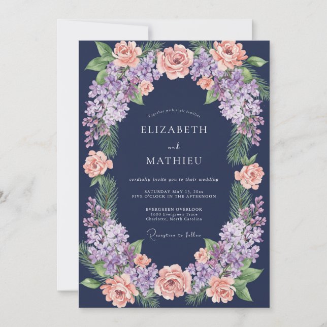 Midnight Coral Lilac Eucalyptus Wedding Invitation (Front)