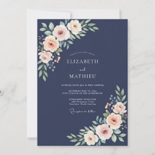 Midnight Coral Ranunculus Soft Eucalyptus Wedding Invitation