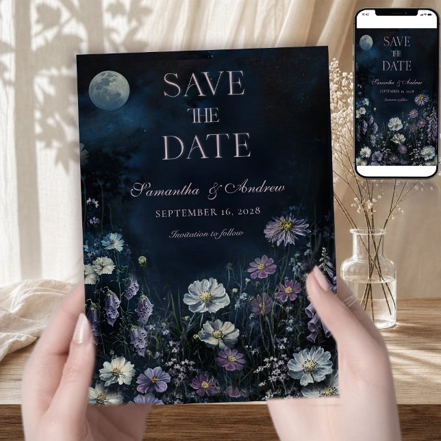 Midnight Cosmos Dark Floral Wedding Save The Date Invitation (Creator Uploaded)