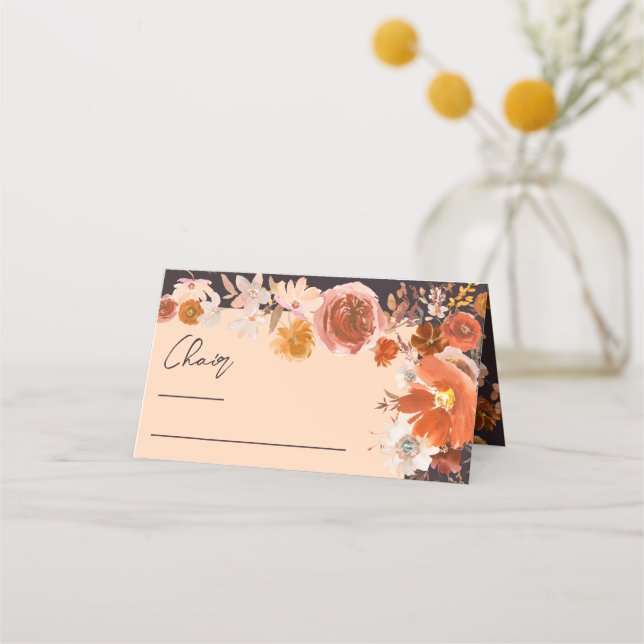 Midnight Cream Floral Autumn Chair Wedding Table Place Card (Front)