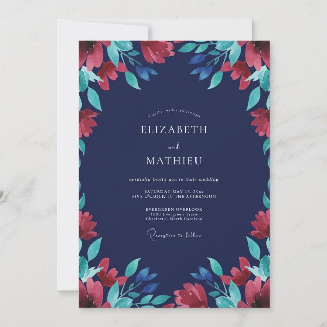 Midnight Crimson Foliage Eucalyptus Wedding Invitation (Front)