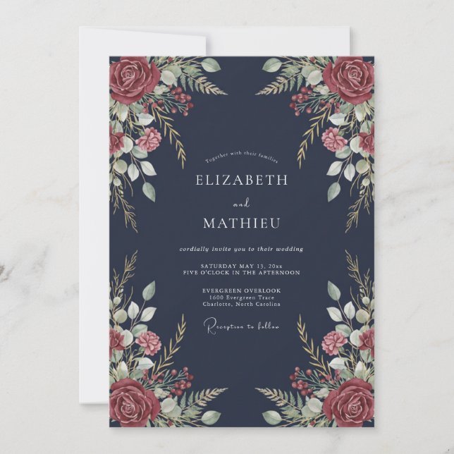 Midnight Crimson Petal Wedding Invitation (Front)
