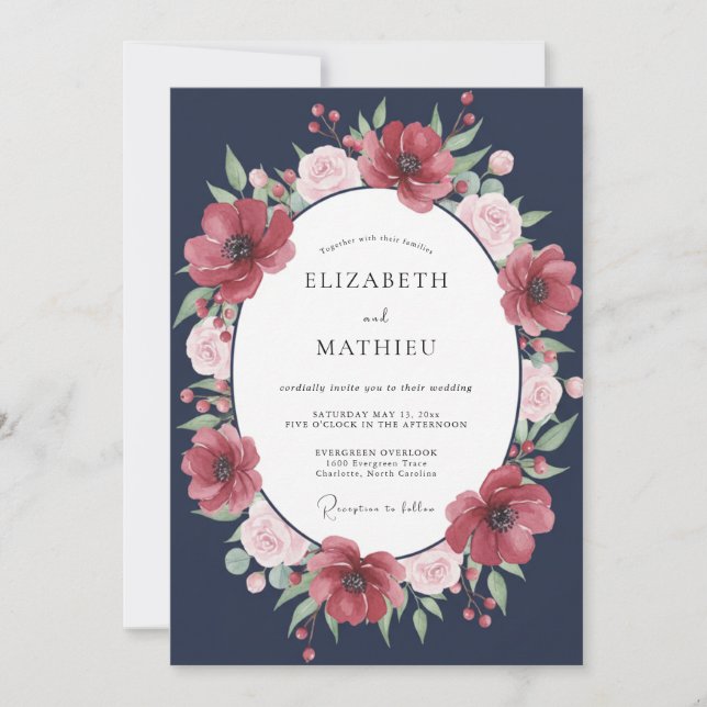 Midnight Crimson Ranunculus Eucalyptus Wedding Invitation (Front)