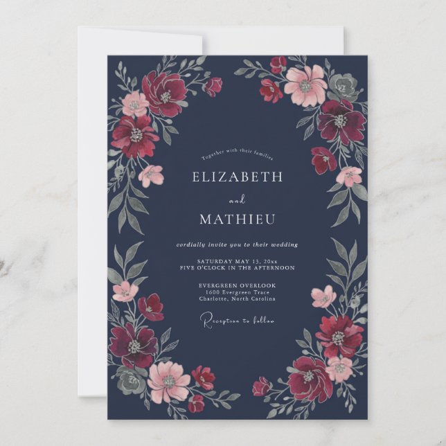 Midnight Crimson Wildflower Wedding Invitation (Front)