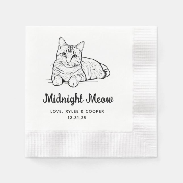 Midnight Custom Cat Drawn Cocktail Napkins Wedding (Front)