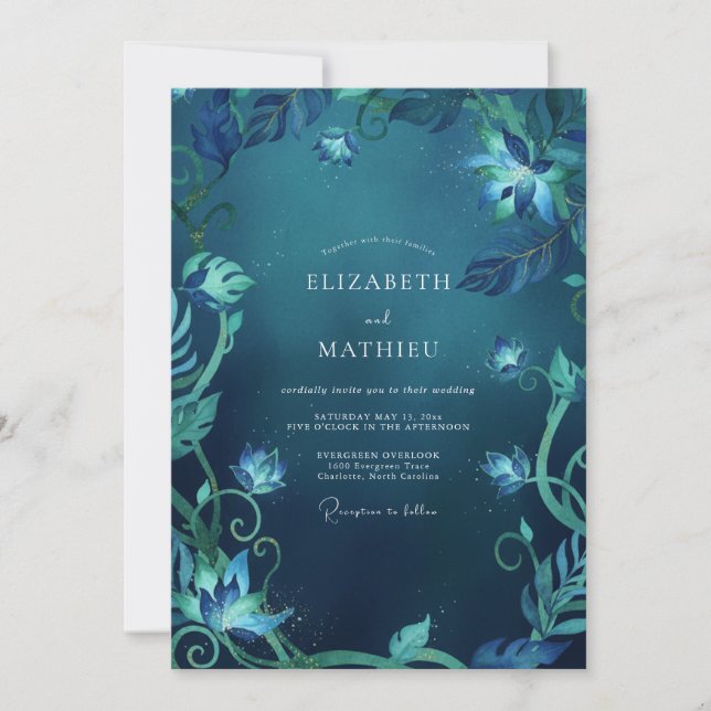 Midnight Cyan Foliage Eucalyptus Wedding Invitation (Front)