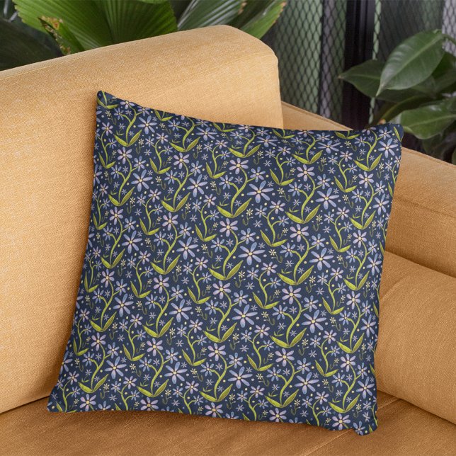 Midnight | Dancing Watercolor Daisies Cushion (A watercolored dancing daisies floral pattern in rich midnight blues and soft purples.)