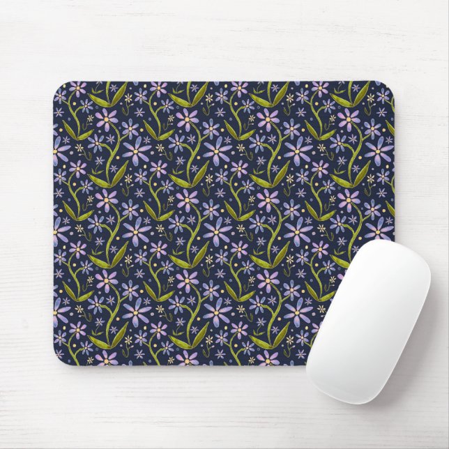 Midnight | Dancing Watercolor Daisies Mouse Mat (With Mouse)