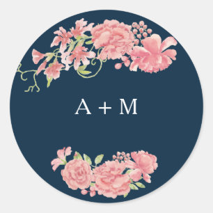Midnight dark blue pink peonies wedding thank you classic round sticker