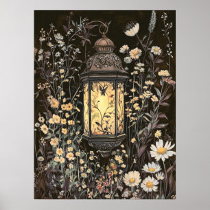 Midnight Dark Garden Lantern Floral Cottagecore Poster