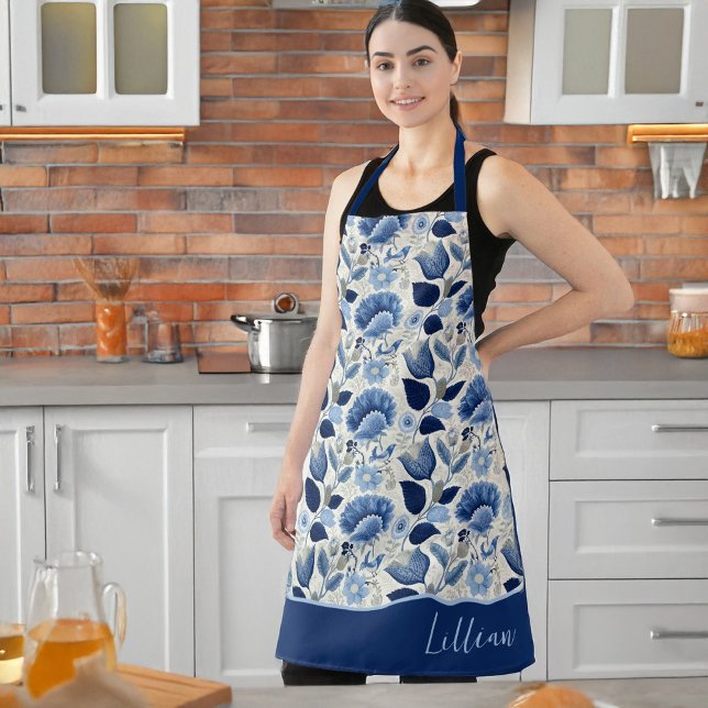 Midnight Delft Garden Vintage Botanical Blue Apron (beautiful personalized apron)