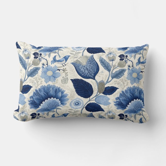 Midnight Delft Garden Vintage Botanical Blue Lumbar Cushion (Front)