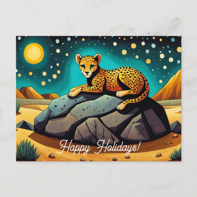 Midnight Desert Wild Leopard Happy Holidays Postcard (Front)
