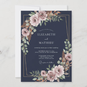 Midnight Dusty Mauve Leaf Wedding Invitation