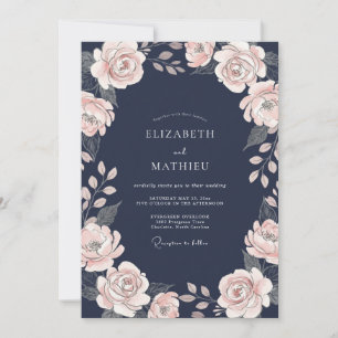 Midnight Dusty Pink Leafy Wedding Invitation