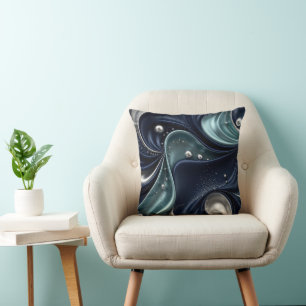 Midnight Elegance, Navy, Teal & Silver Fluid Art Cushion