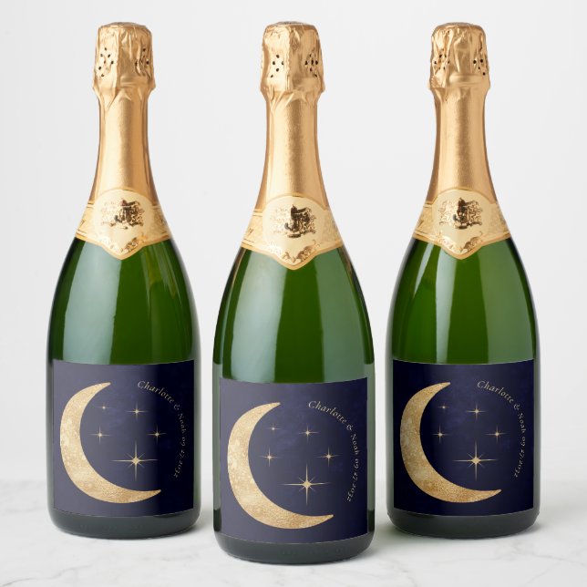 Midnight Elegant Celestial Gold Moon Stars Wedding Sparkling Wine Label (Bottles)