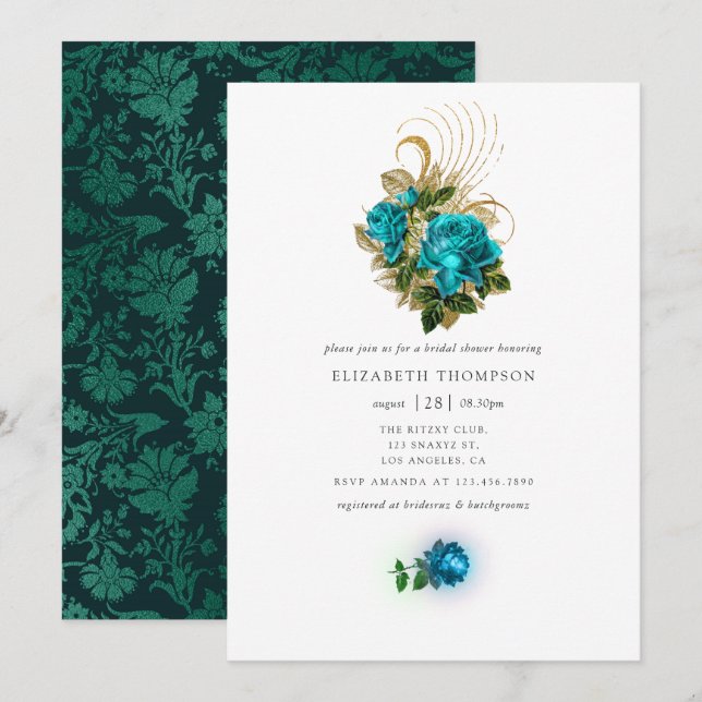 Midnight Fantasy Turquoise and Gold Bridal Shower Invitation (Front/Back)
