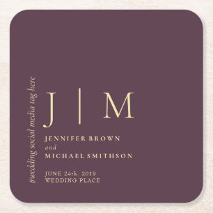 Midnight Fig & Champagne Simple Elegant Wedding Square Paper Coaster