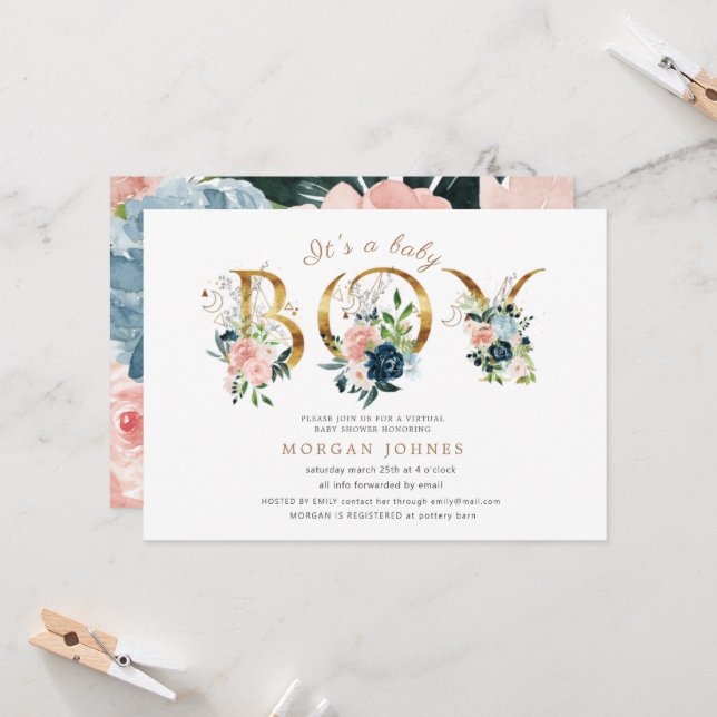 midnight floral gold script baby shower invitation (Front/Back In Situ)