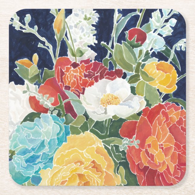 Midnight Florals I Square Paper Coaster (Front)