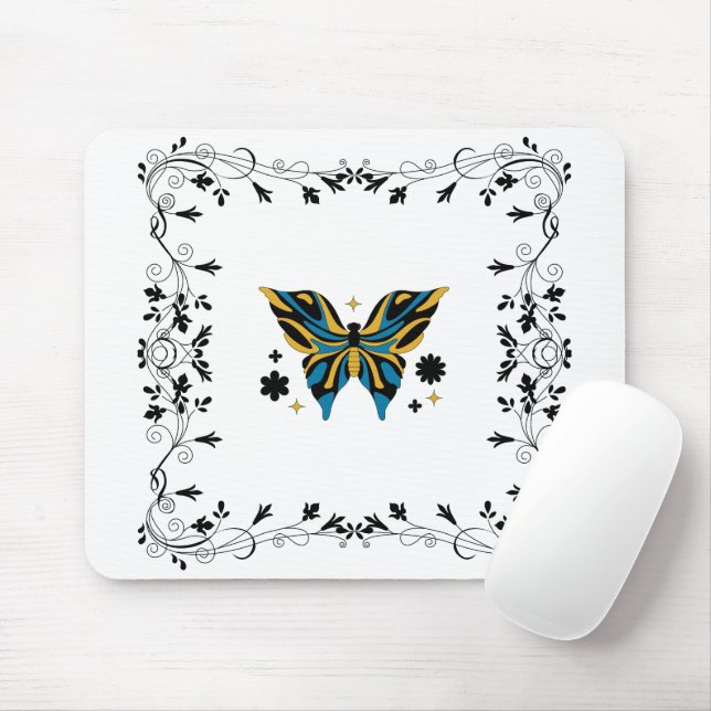 Midnight Flutter – Dark Floral Butterfly Design Mouse Mat (With Mouse)