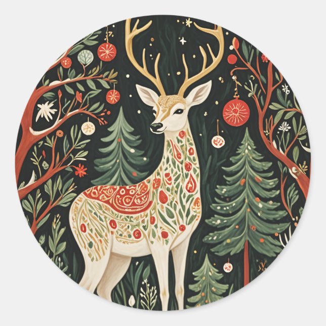 Midnight Forest Christmas Deer Classic Round Sticker (Front)