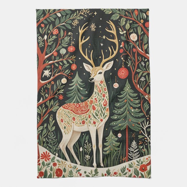Midnight Forest Christmas Deer Tea Towel (Vertical)