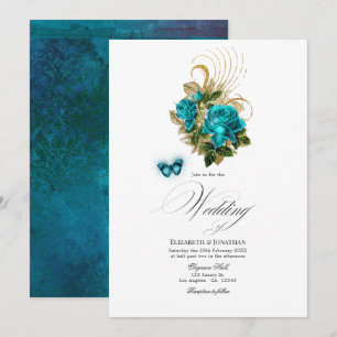 Midnight Forest Fantasy Turquoise and Gold Wedding Invitation