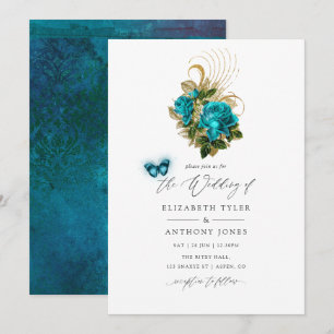 Midnight Forest Fantasy Turquoise and Gold Wedding Invitation