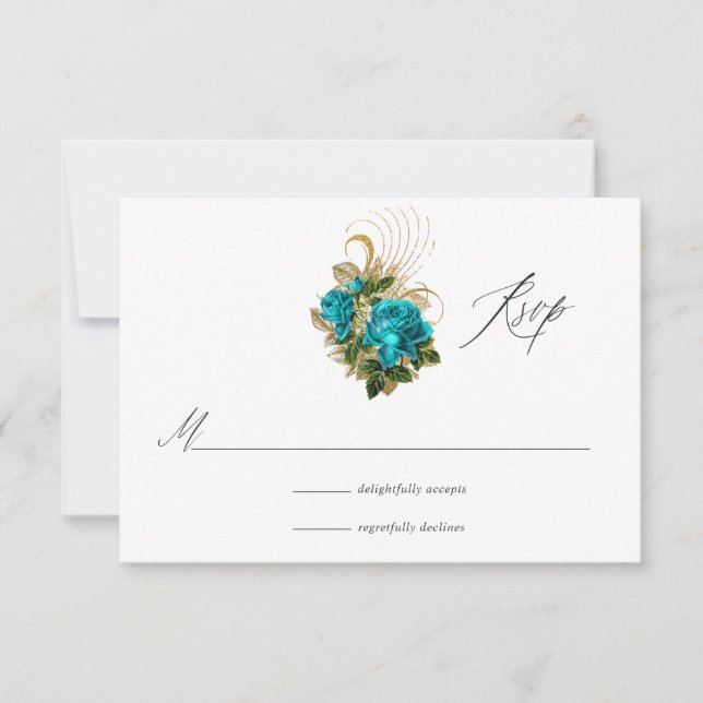 Midnight Forest Fantasy Turquoise and Gold Wedding RSVP Card (Front)