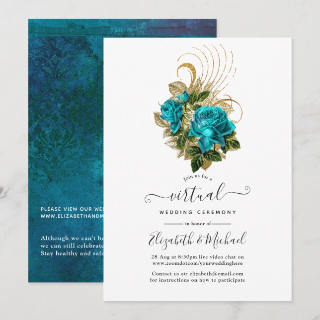 Midnight Forest Turquoise and Gold Virtual Wedding Invitation (Front/Back)