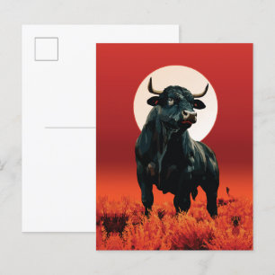 Midnight Fury – Majestic Black Bull Under Crimson Postcard