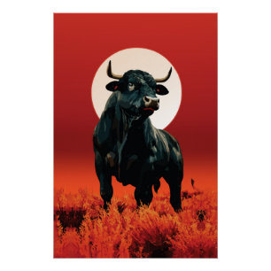 Midnight Fury – Majestic Black Bull Under Crimson Poster