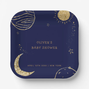 Midnight Galaxy Moon Star Boy Baby Shower Paper Plate