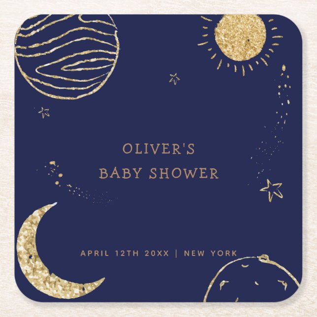 Midnight Galaxy Moon Star Boy Baby Shower  Square Paper Coaster (Front)
