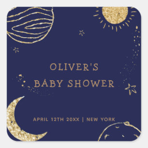 Midnight Galaxy Moon Star Boy Baby Shower Square Sticker