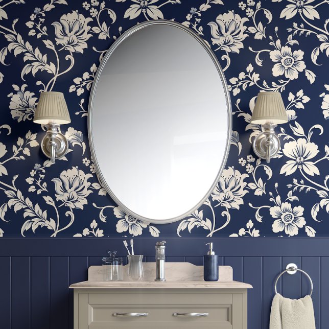 Midnight Garden - Blue and White - Traditional  Wallpaper (Midnight Garden - Blue and White - Traditional Peel and Stick Wallpaper Bathroom View)
