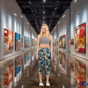 Midnight Garden: Blue Floral Patchwork Pattern Capri Leggings