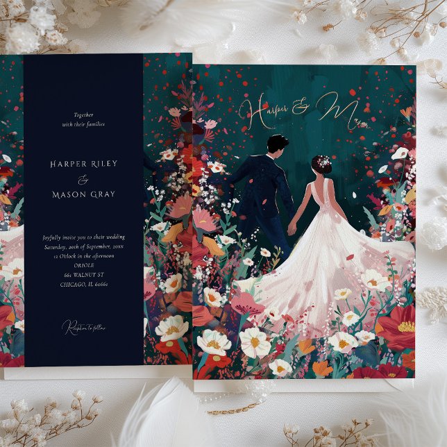 Midnight Garden - Chic Teal & Coral Wedding Invitation (Creator Uploaded)