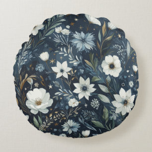 Midnight Garden Dream - Navy Blue Watercolor Flora Round Cushion