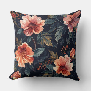 Midnight Garden Floral Coral and Navy Botanical Cushion