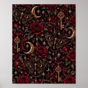 Midnight Garden Gothic Roses, Celestial Moths Poster