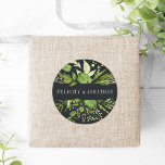 Midnight Garden | Green Botanical Wedding Classic Round Sticker<br><div class="desc">Seal your invitation envelopes or favors with these elegant botanical wedding stickers featuring your names framed by a top and bottom border of lush greenery in shades of forest green and fern on a chic dark background. Coordinates with our Midnight Garden wedding collection.</div>